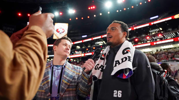 Feb 5, 2024; Las Vegas, NV, USA; San Francisco 49ers cornerback Isaiah Oliver (26) talks to the media during Super Bowl LVIII Opening Night at Allegiant Stadium